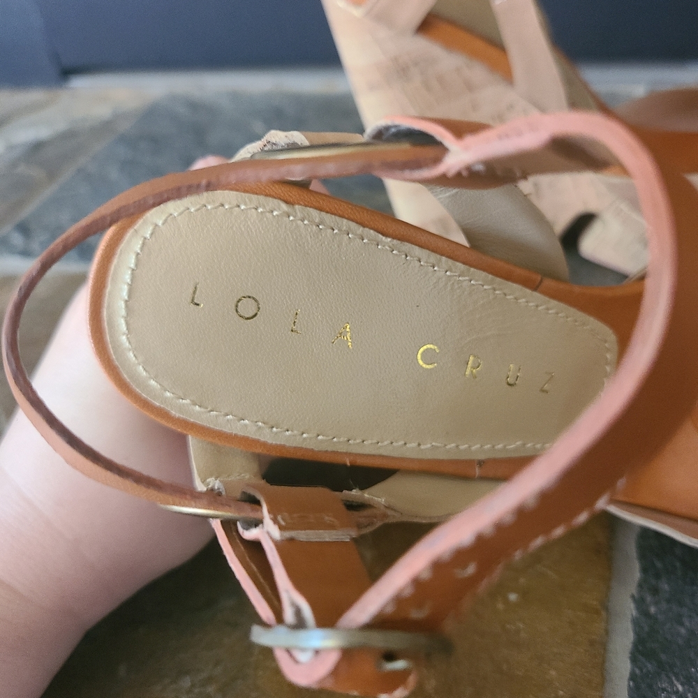 Lola Cruz Brown Leather and Cork Strappy Peep Toe Wedge Heels Size 36/US sz 6 - Picture 4 of 10